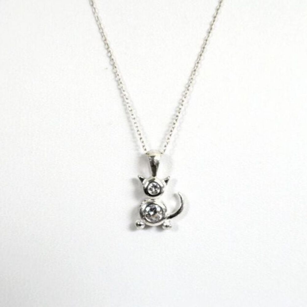 Cat Rhinestone Pendant Necklace Silver Clear